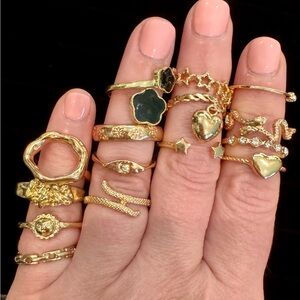 Lot of 15 Gold Tone Stackable Ring Jewelry Set – Star, Snake, Heart, CZ, Sun